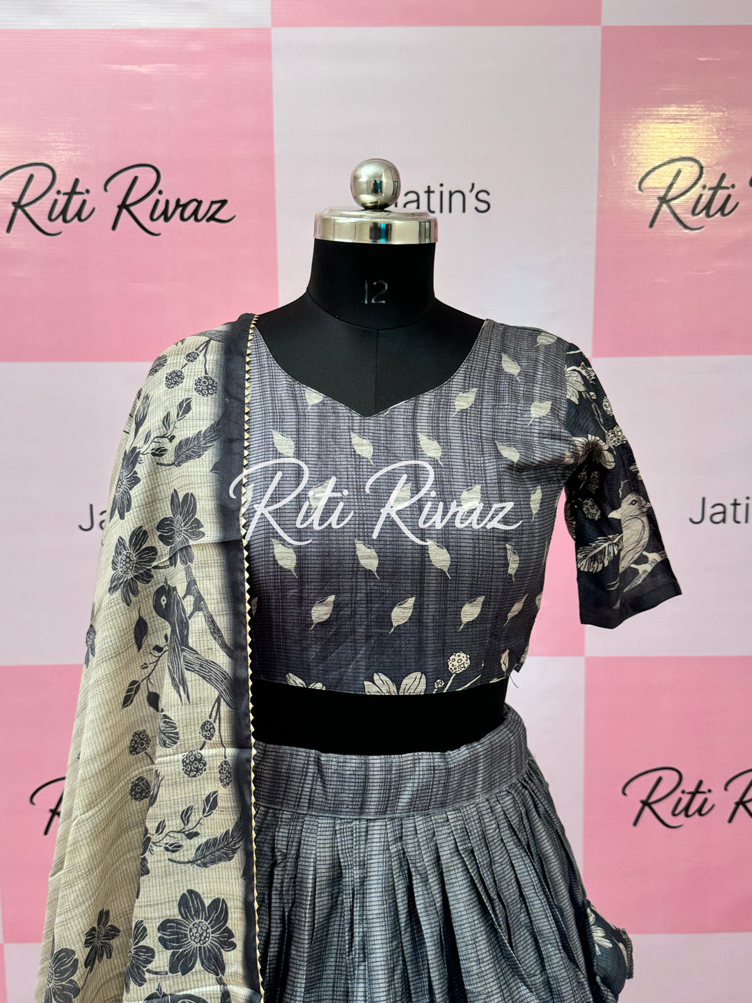 Beautiful Gray Manipuri Silk Fully Bird Printed Lehenga choli, Floral Print Lehenga