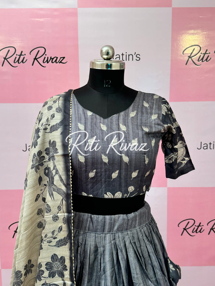 Beautiful Gray Manipuri Silk Fully Bird Printed Lehenga choli, Floral Print Lehenga