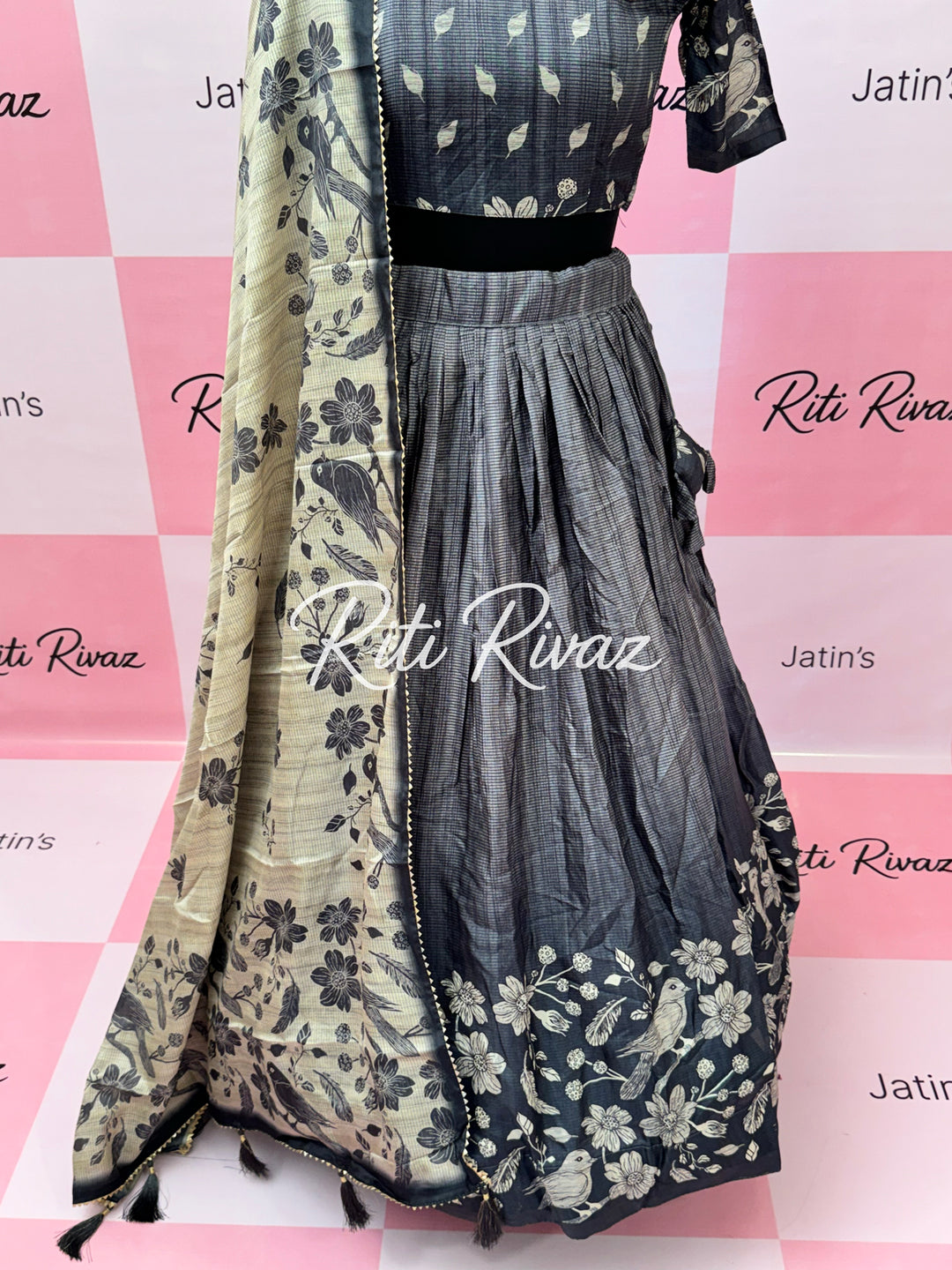 Beautiful Gray Manipuri Silk Fully Bird Printed Lehenga choli, Floral Print Lehenga
