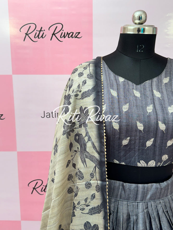 Beautiful Gray Manipuri Silk Fully Bird Printed Lehenga choli, Floral Print Lehenga