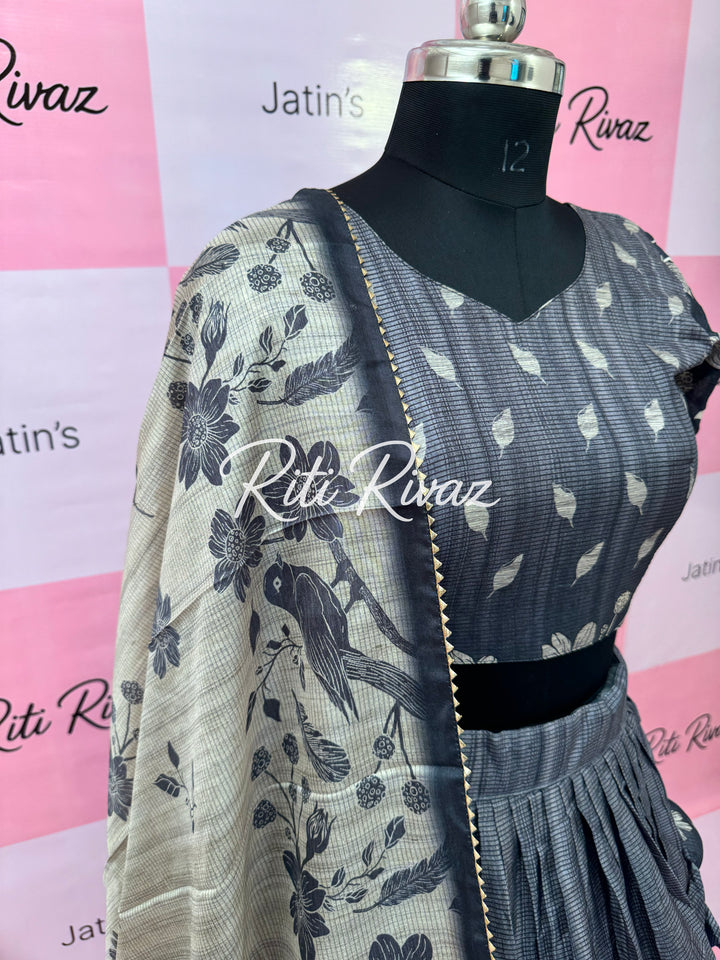 Beautiful Gray Manipuri Silk Fully Bird Printed Lehenga choli, Floral Print Lehenga