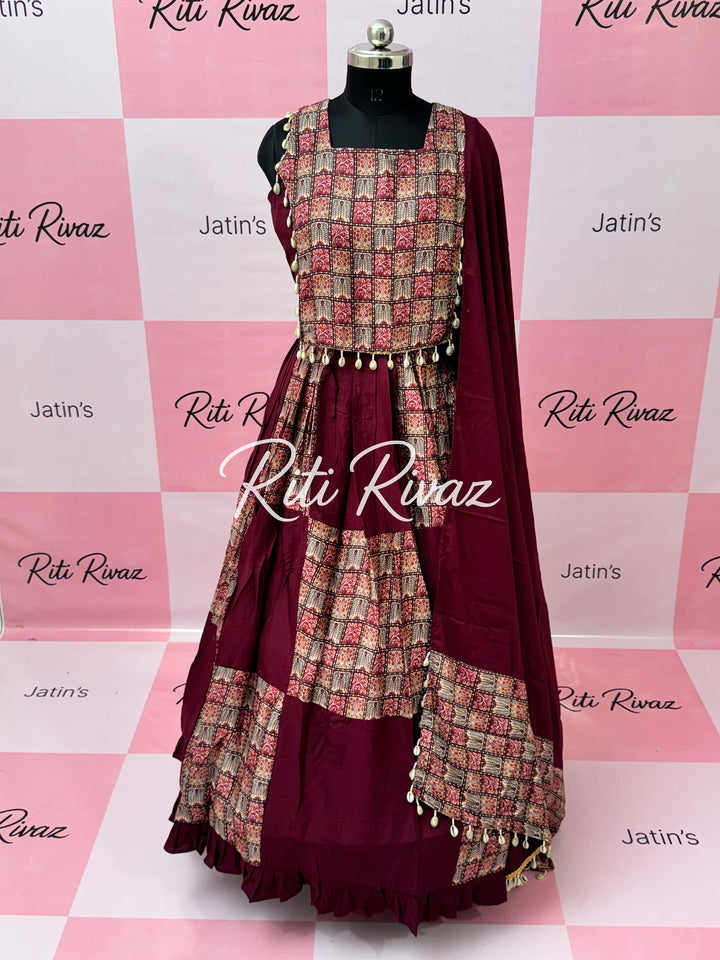 Wine Color Rayon Cotton With Soft Chinon Print Patch Work all Over Lehenga