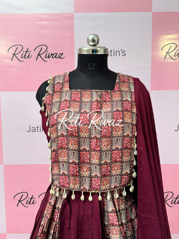 Wine Color Rayon Cotton With Soft Chinon Print Patch Work all Over Lehenga