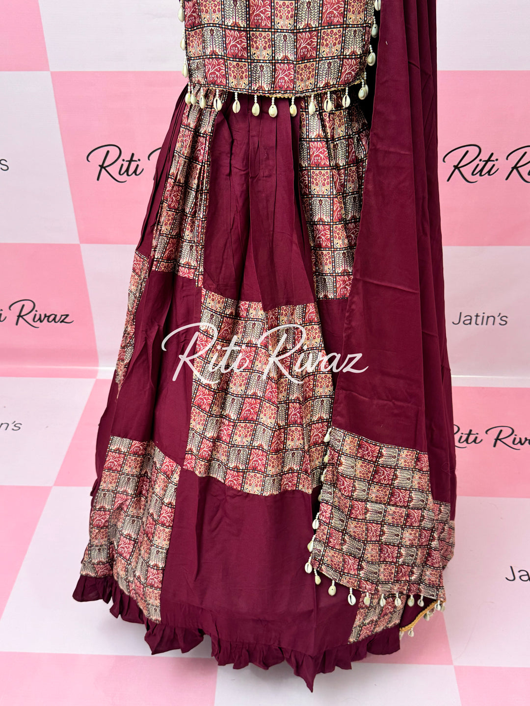 Wine Color Rayon Cotton With Soft Chinon Print Patch Work all Over Lehenga