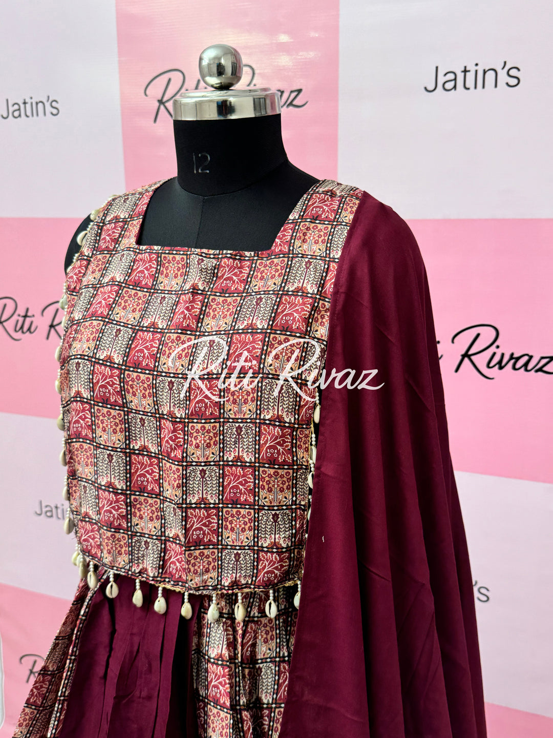 Wine Color Rayon Cotton With Soft Chinon Print Patch Work all Over Lehenga