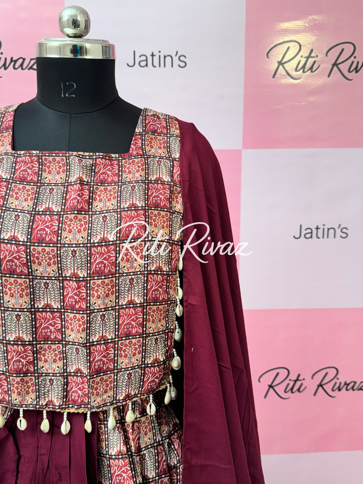 Wine Color Rayon Cotton With Soft Chinon Print Patch Work all Over Lehenga