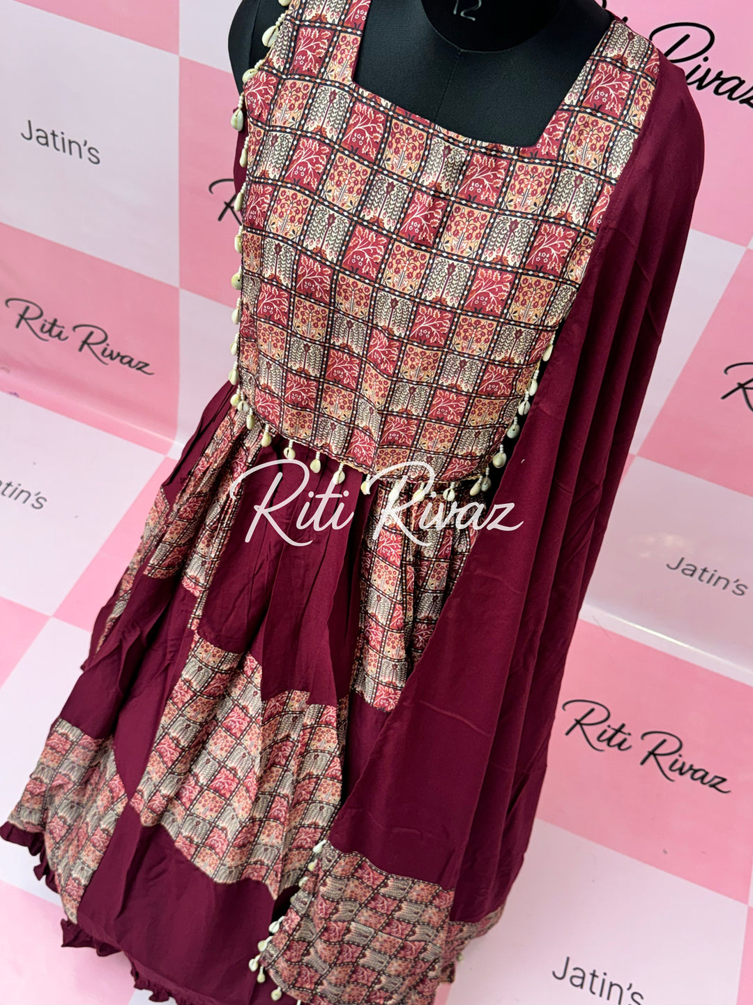 Wine Color Rayon Cotton With Soft Chinon Print Patch Work all Over Lehenga