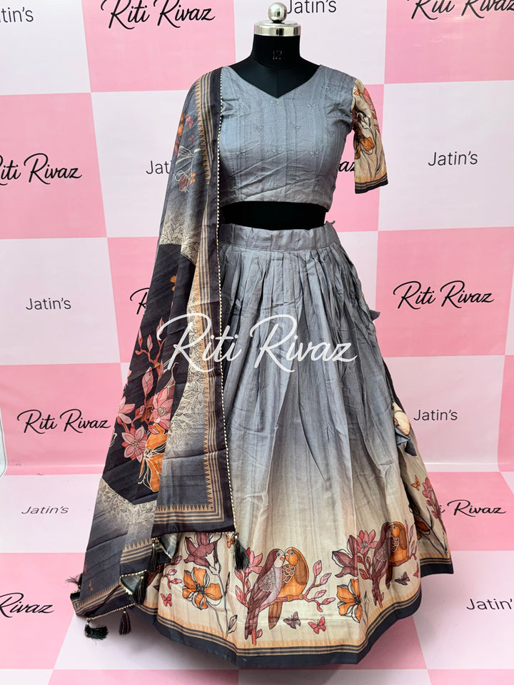 Gray Color Manipuri Silk Kalamkari Contrast Border Bird Print Lehenga Choli