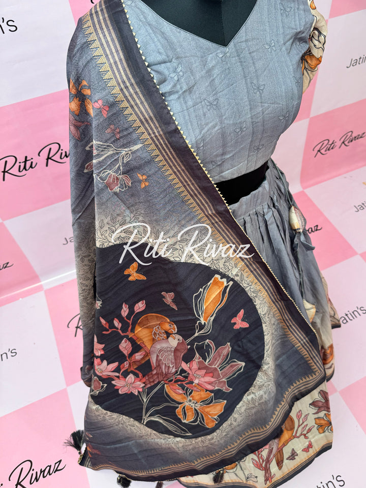 Gray Color Manipuri Silk Kalamkari Contrast Border Bird Print Lehenga Choli