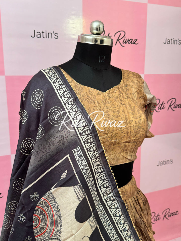 Copper Color Manipuri Silk Kalamkari Contrast Border Print Lehenga Choli