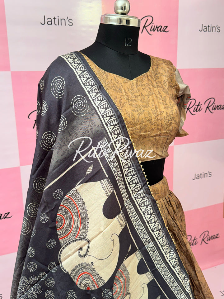 Copper Color Manipuri Silk Kalamkari Contrast Border Print Lehenga Choli