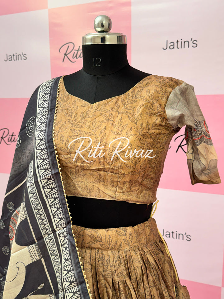 Copper Color Manipuri Silk Kalamkari Contrast Border Print Lehenga Choli