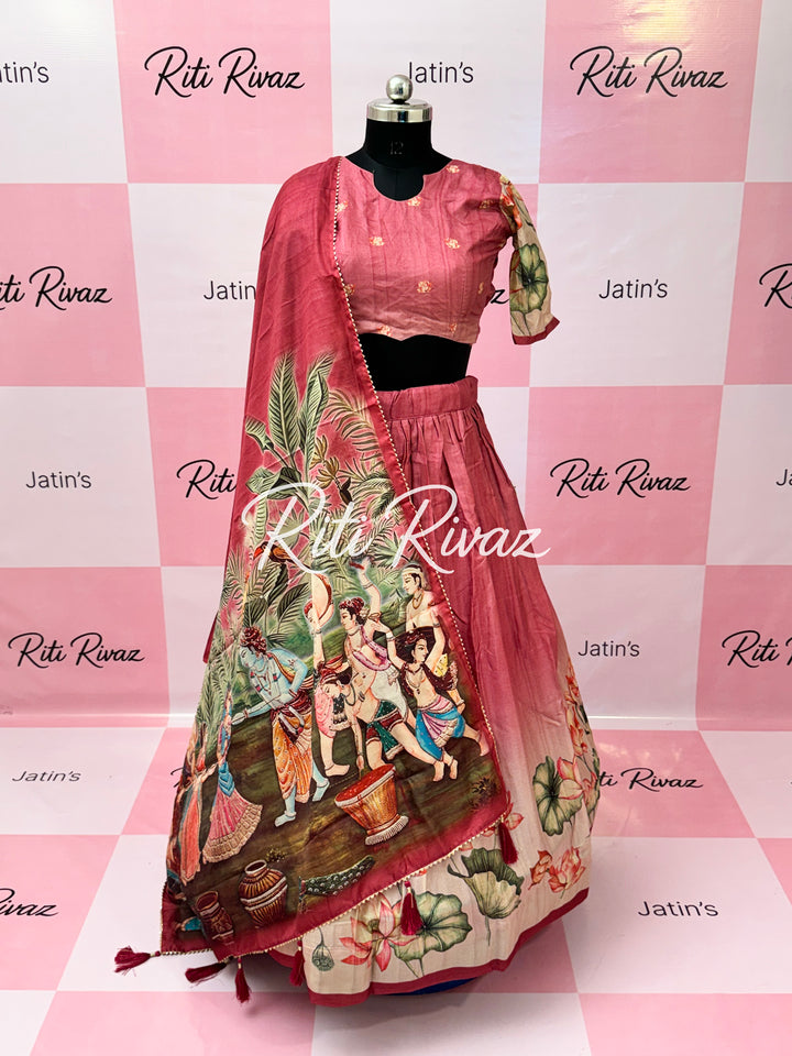 Peach Color Manipuri Silk Kalamkari Contrast Border Print Lehenga Choli