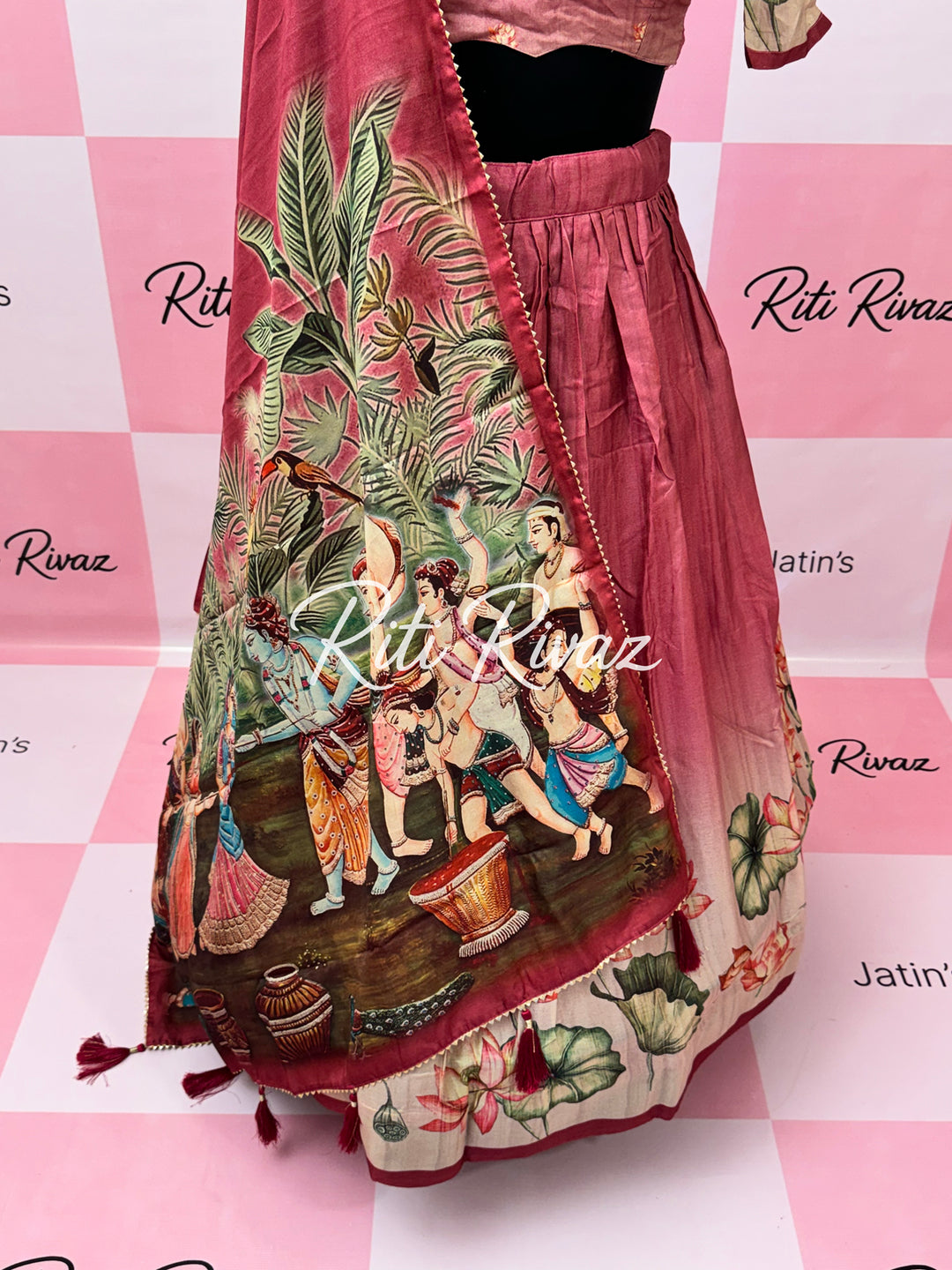 Peach Color Manipuri Silk Kalamkari Contrast Border Print Lehenga Choli
