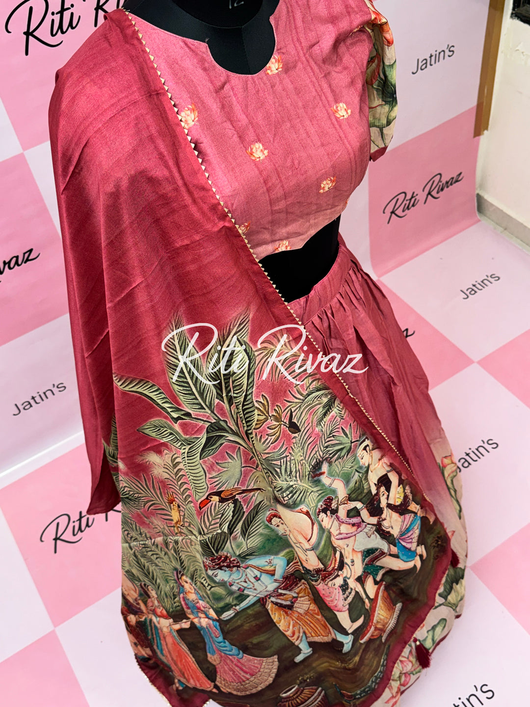 Peach Color Manipuri Silk Kalamkari Contrast Border Print Lehenga Choli