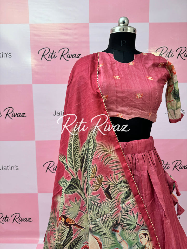 Peach Color Manipuri Silk Kalamkari Contrast Border Print Lehenga Choli
