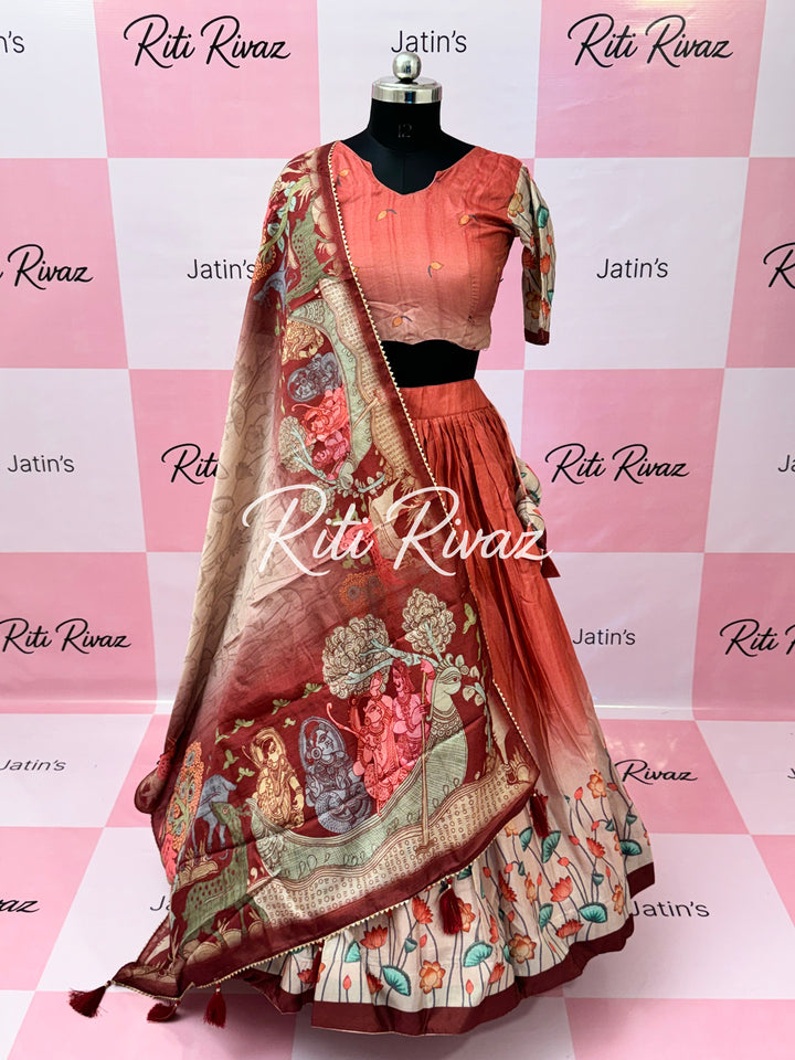 Gajari Color Manipuri Silk Kalamkari Contrast Border Print Lehenga Choli