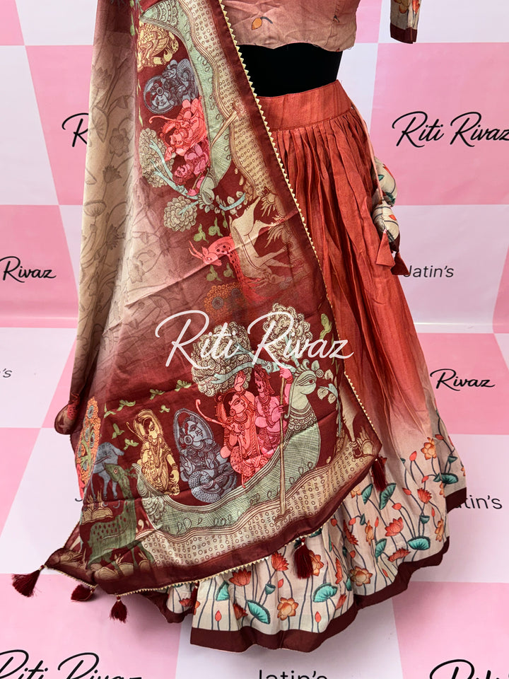 Gajari Color Manipuri Silk Kalamkari Contrast Border Print Lehenga Choli