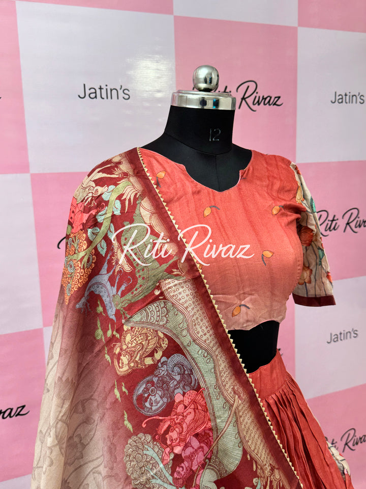 Gajari Color Manipuri Silk Kalamkari Contrast Border Print Lehenga Choli
