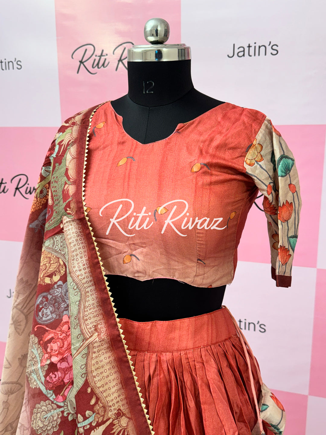 Gajari Color Manipuri Silk Kalamkari Contrast Border Print Lehenga Choli