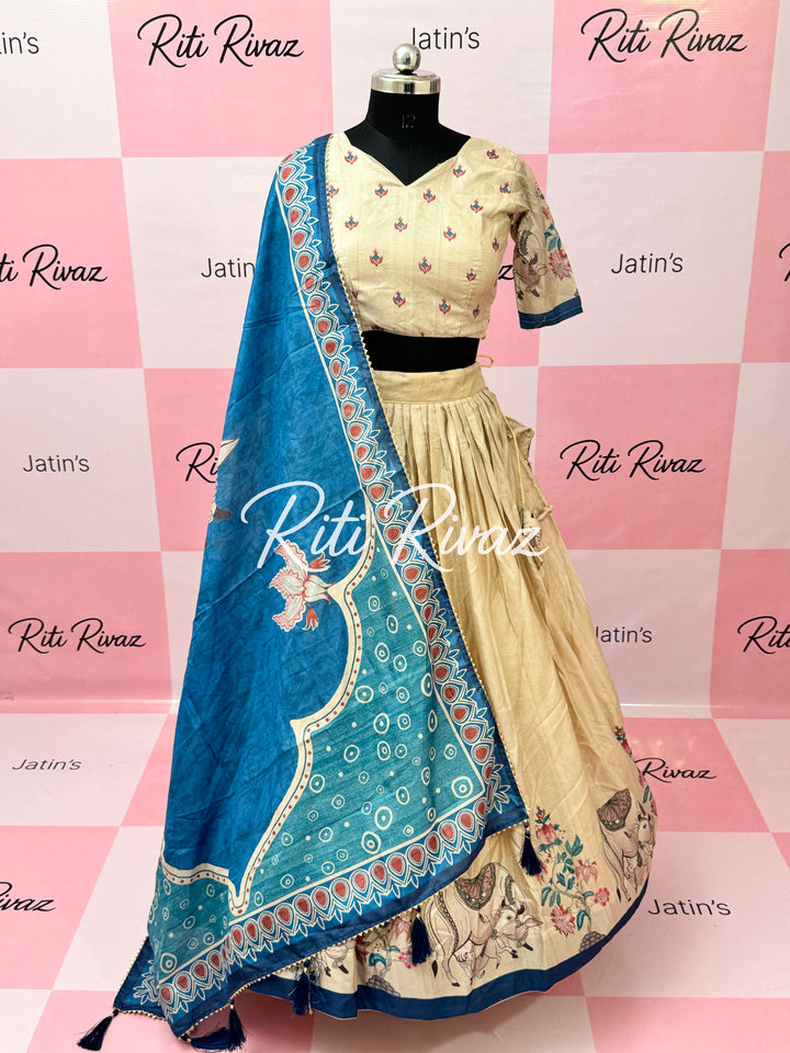 Beige Color Manipuri Silk Kalamkari Contrast Border Print Lehenga Choli