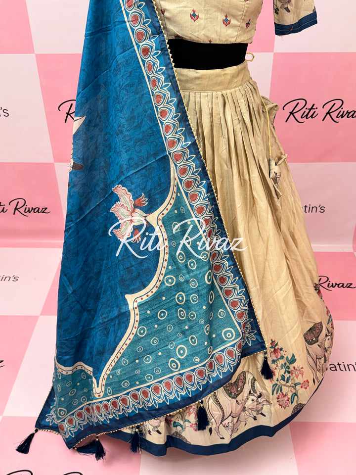 Beige Color Manipuri Silk Kalamkari Contrast Border Print Lehenga Choli