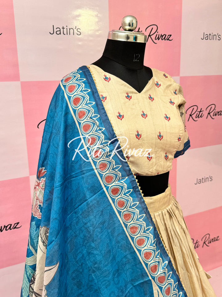 Beige Color Manipuri Silk Kalamkari Contrast Border Print Lehenga Choli