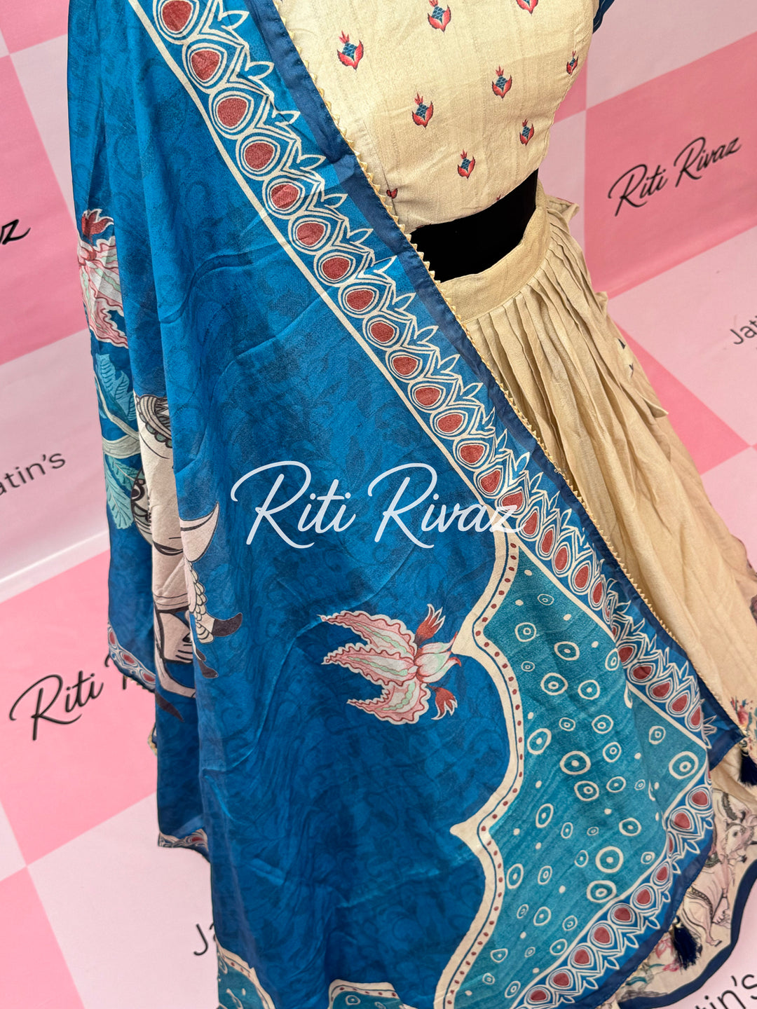 Beige Color Manipuri Silk Kalamkari Contrast Border Print Lehenga Choli