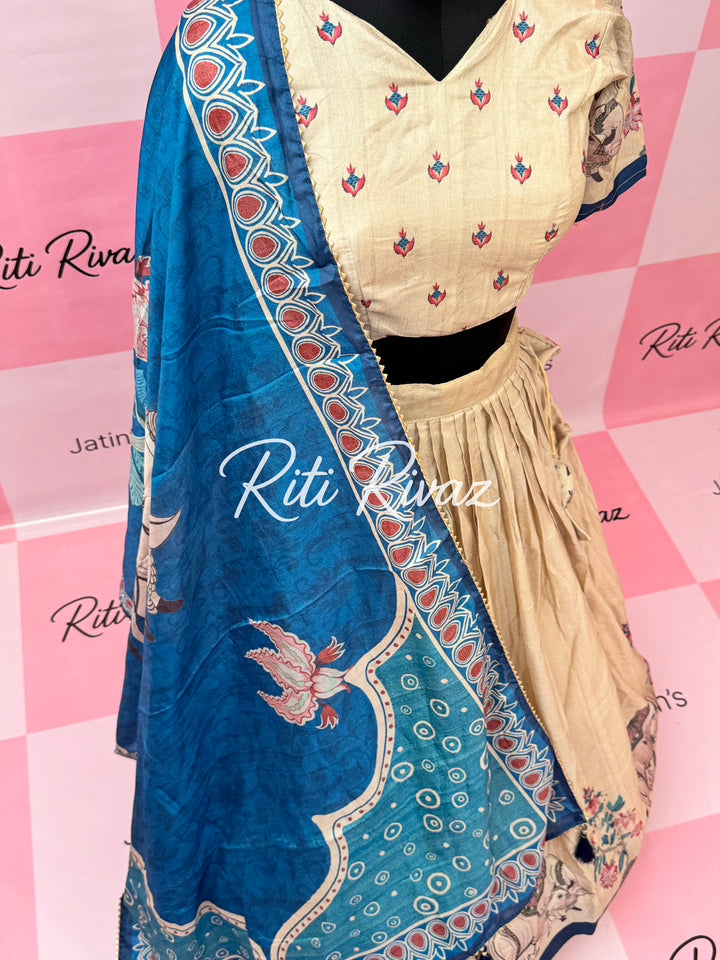 Beige Color Manipuri Silk Kalamkari Contrast Border Print Lehenga Choli