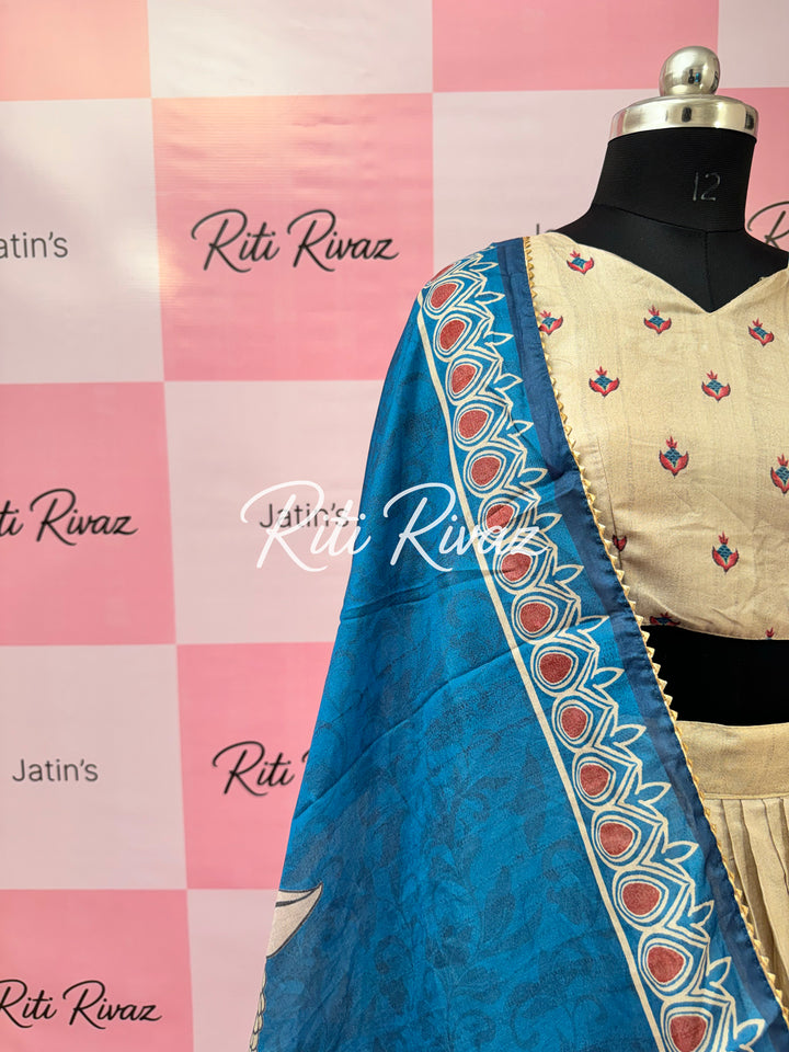 Beige Color Manipuri Silk Kalamkari Contrast Border Print Lehenga Choli