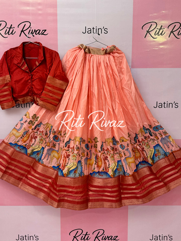 Peach Color Soft Silk Animal Prints Navratri Special Lehenga Choli for women