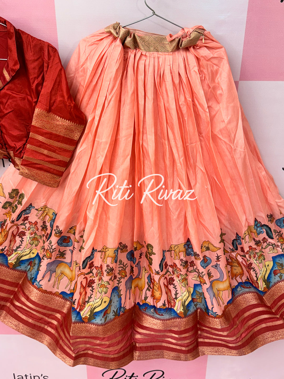 Peach Color Soft Silk Animal Prints Navratri Special Lehenga Choli for women