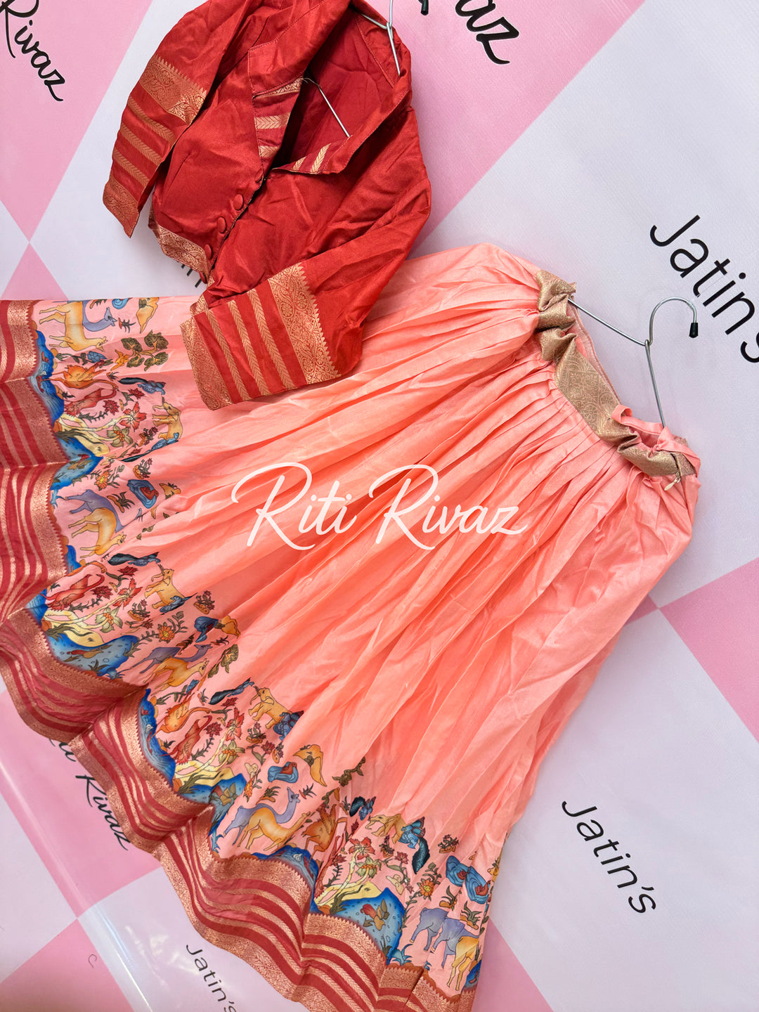 Peach Color Soft Silk Animal Prints Navratri Special Lehenga Choli for women