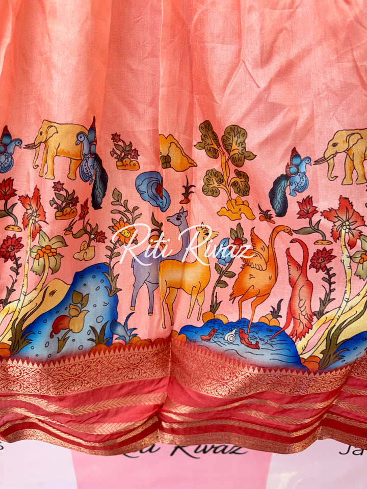 Peach Color Soft Silk Animal Prints Navratri Special Lehenga Choli for women
