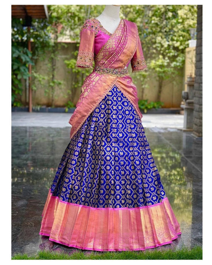 Pink color Kanjiveram Silk With Banarashi Silk Zari Work Half Saree Lehenga Choli