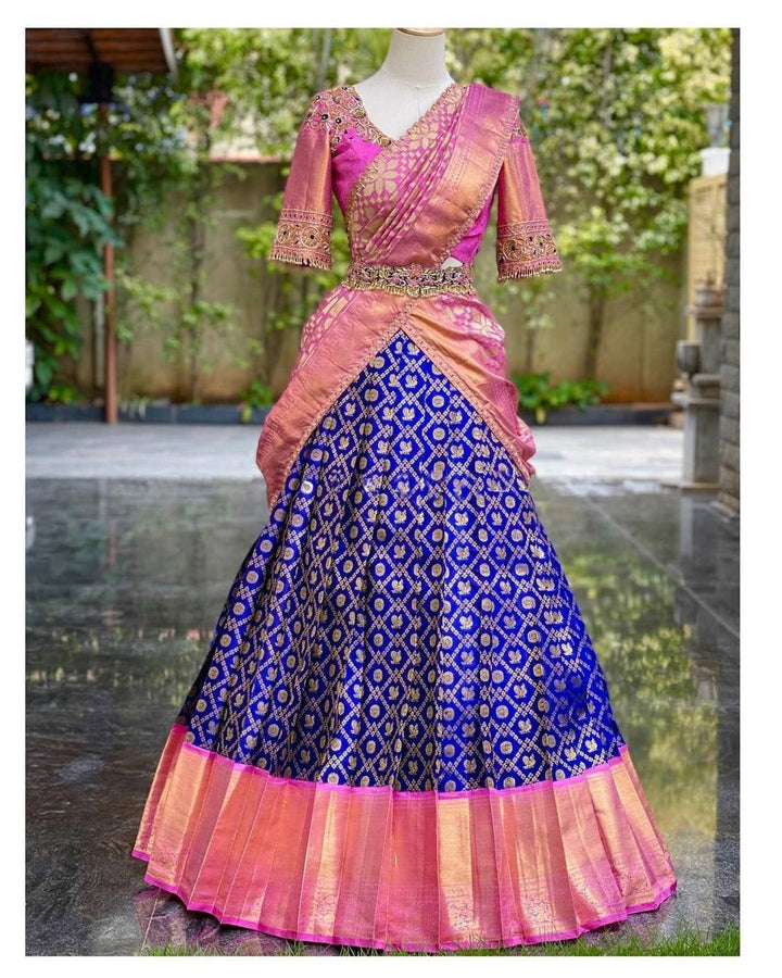 Pink color Kanjiveram Silk With Banarashi Silk Zari Work Half Saree Lehenga Choli
