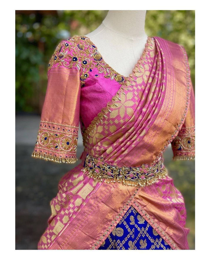 Pink color Kanjiveram Silk With Banarashi Silk Zari Work Half Saree Lehenga Choli