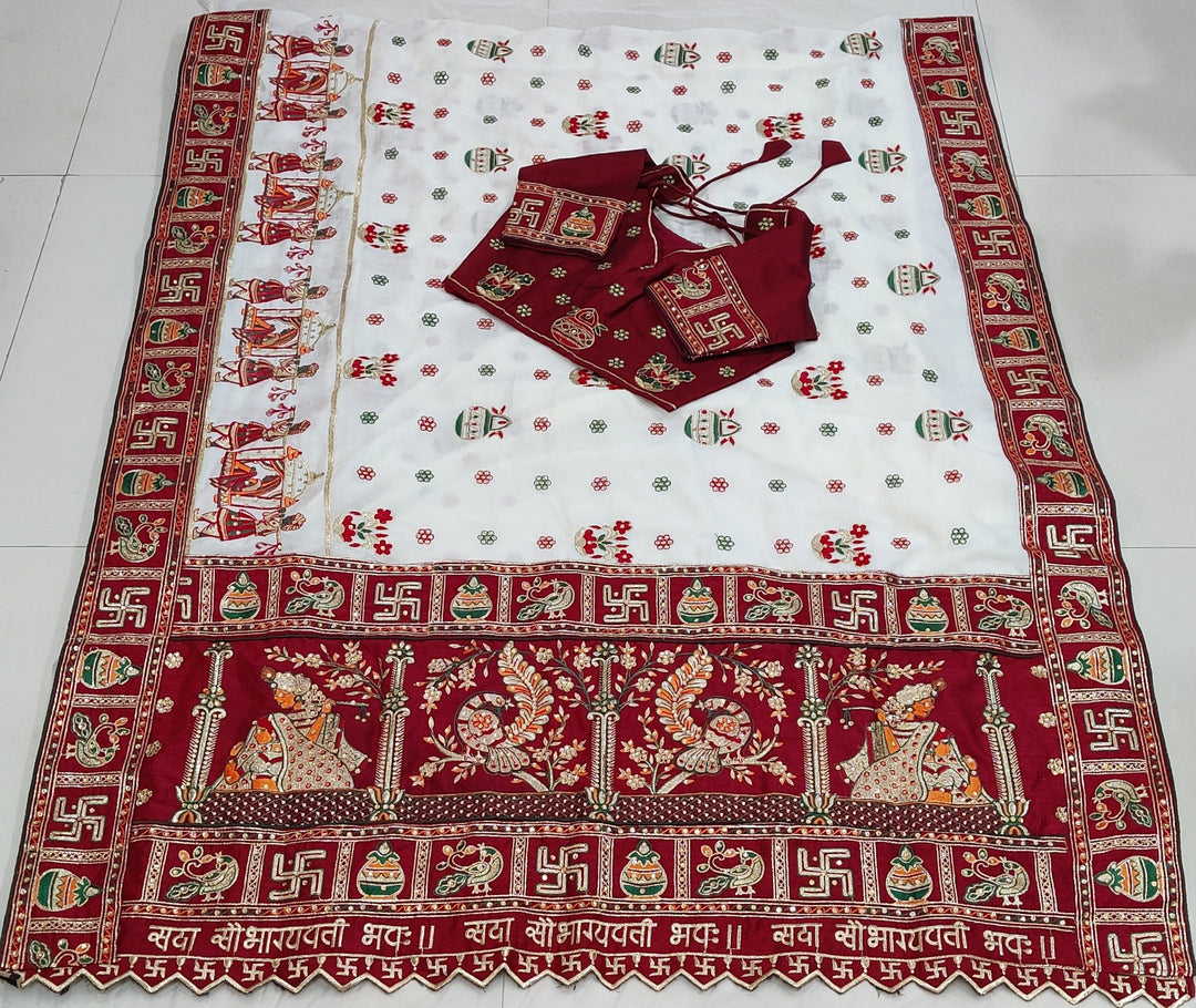 Off White Marron Colour Mahi Patel Embroiderd Panter Patola Saree For Special Occasion