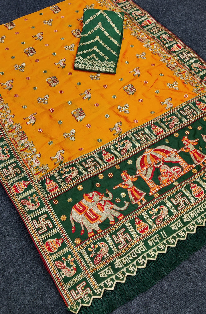 Orange Yellow Green Colour Komal Purbey Embroiderd Panter Patola Saree For Special Occasion