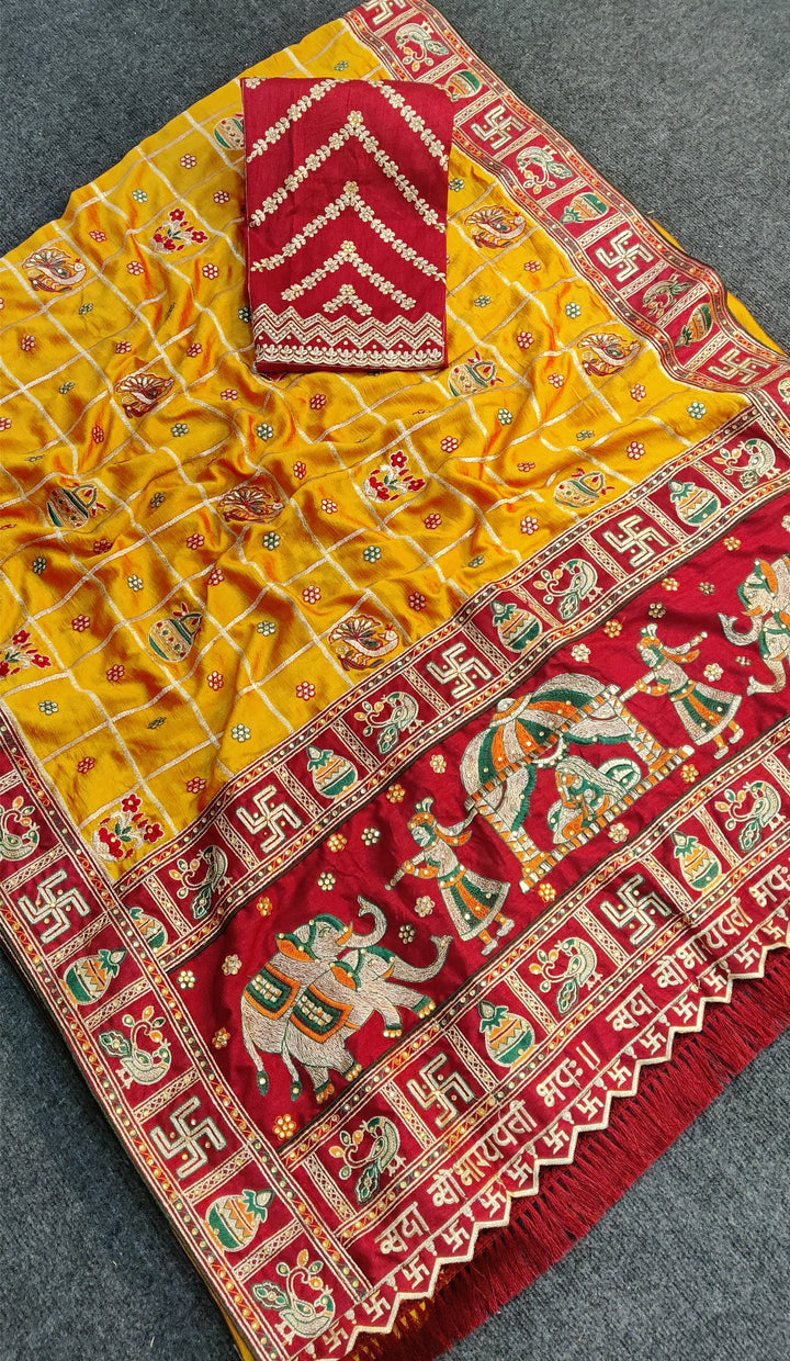 Orange Yellow Maroon Colour Kitto Jaiswal Embroiderd Panter Patola Saree For Special Occasion