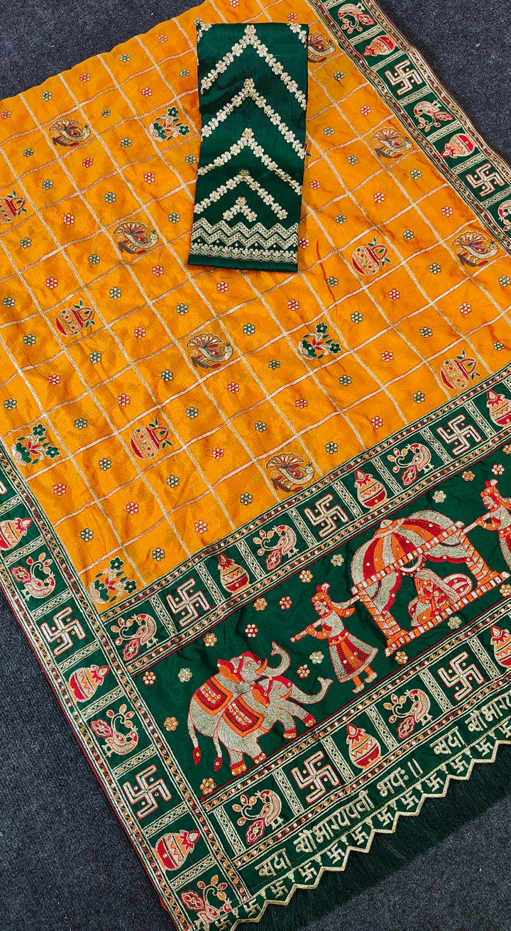 Orange Yellow Green Colour Priyanka Sharma Embroiderd Panter Patola Saree For Special Occasion
