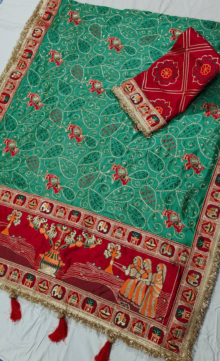 Teal Greenish-Blue Colour Vat Savitri Special Embroidered Saree