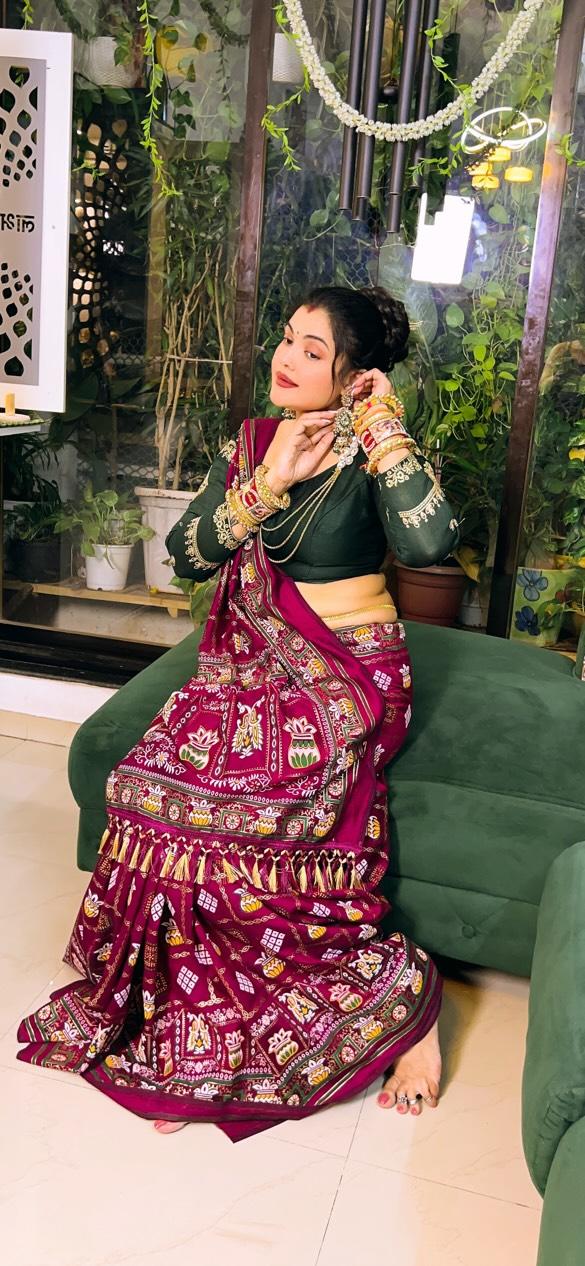 Wine Colour Foil Print Traditional Patola Party Wear Saree