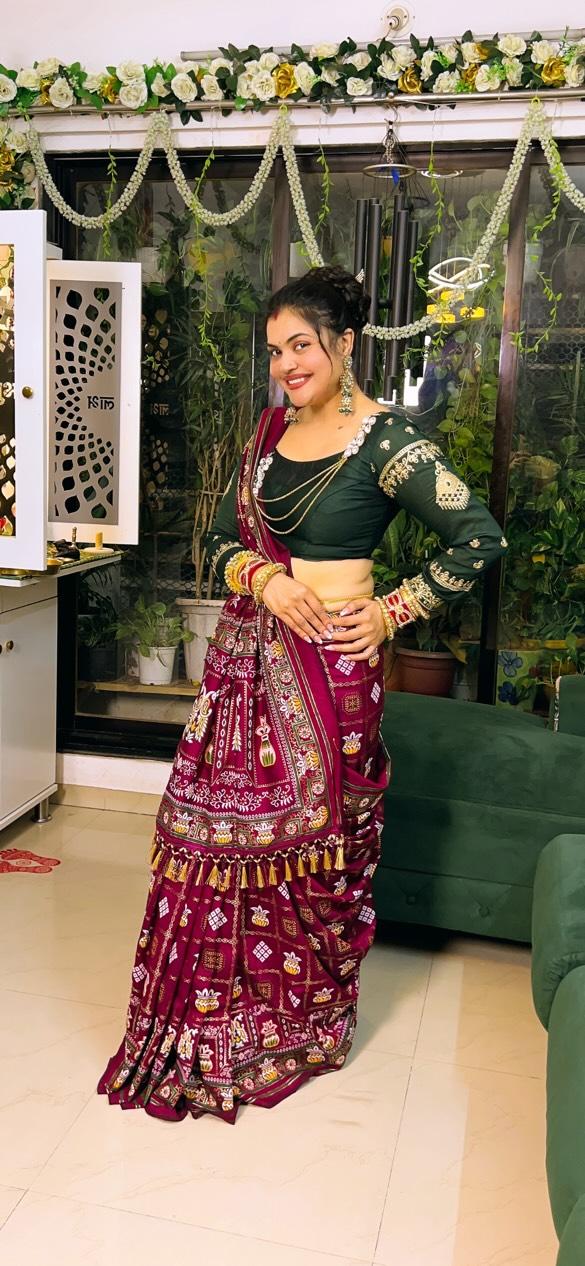 Wine Colour Foil Print Traditional Patola Party Wear Saree