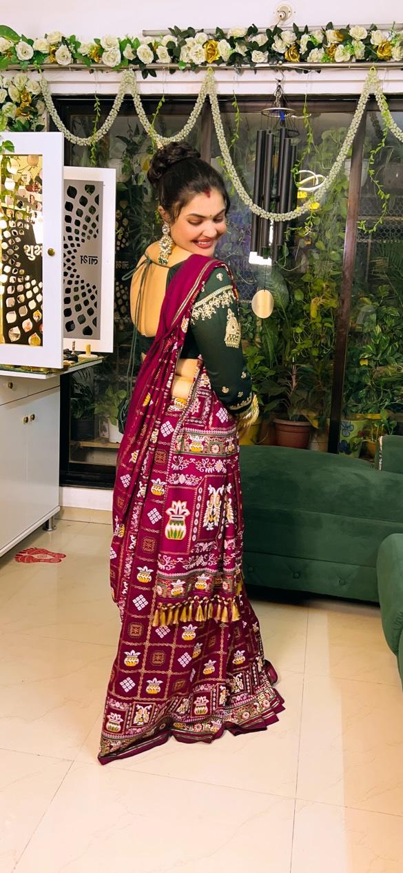 Wine Colour Foil Print Traditional Patola Party Wear Saree