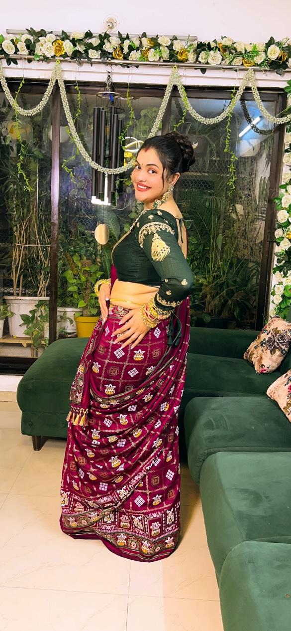 Wine Colour Foil Print Traditional Patola Party Wear Saree