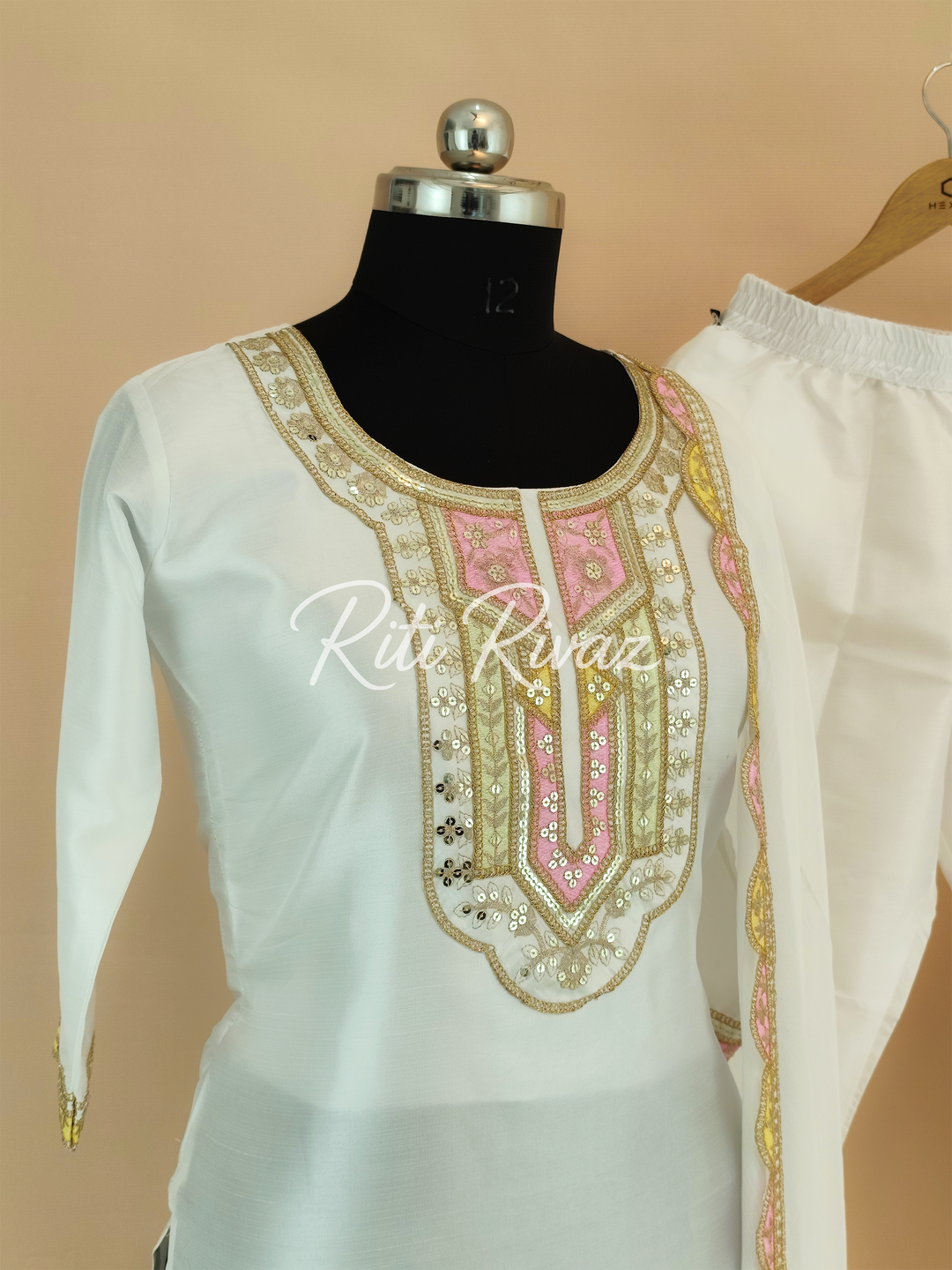 Traditional Look White Color Silk Fabric Embroidered Top, Bottom, Dupatta Ready to wear Festive Wear Salwar Suit For Women, Daily Wear
