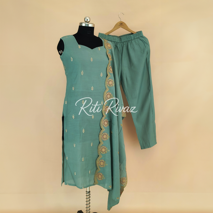 Ethnic Look Light Green Color Art Silk Fabric Embroidered Top, Bottom, Dupatta Ready to wear Festive Wear Salwar Suit For Women, Traditional