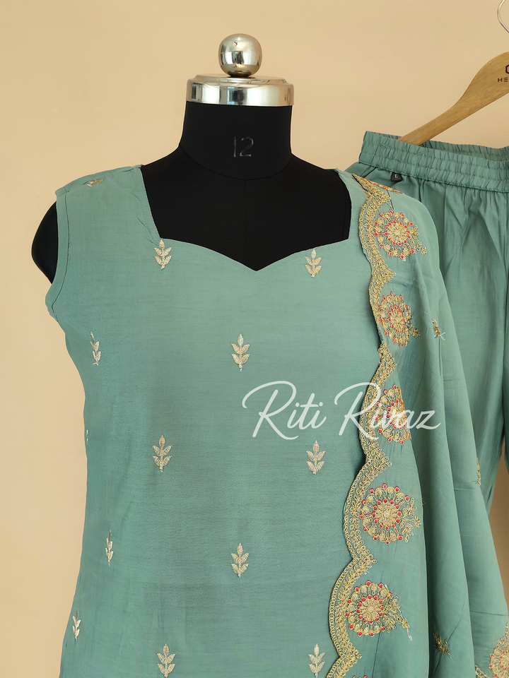 Ethnic Look Light Green Color Art Silk Fabric Embroidered Top, Bottom, Dupatta Ready to wear Festive Wear Salwar Suit For Women, Traditional