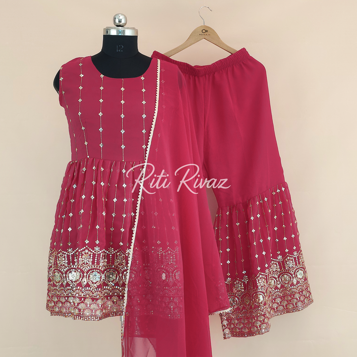 Functional Pink Color Georgette Fabric Embroidered Kurti, Sharara, Dupatta Ready to wear Salwar Suit, Festive wear For Women, Punjabi Suit